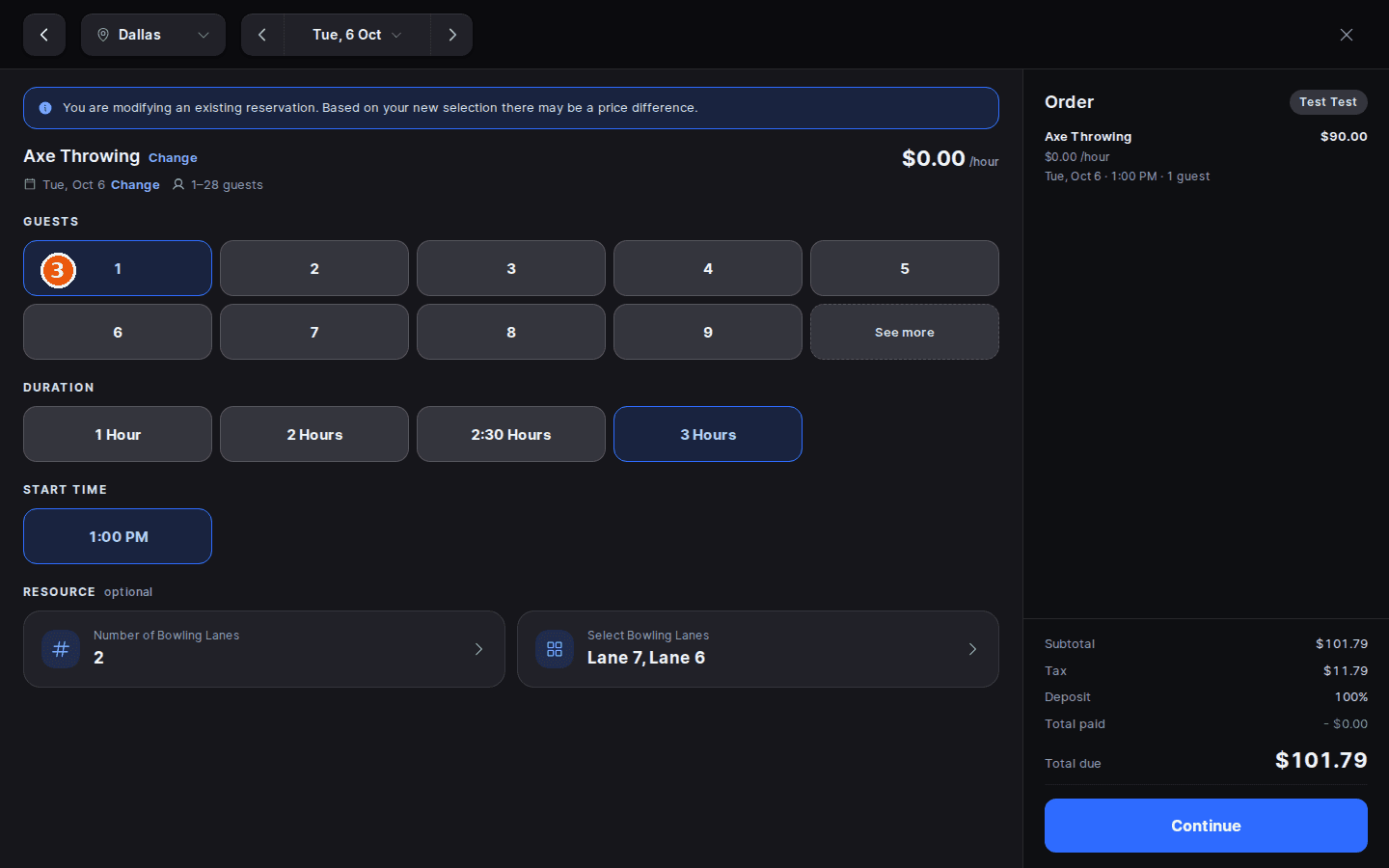 Create screen in modify mode with the modifying notice, guests, duration, start time and resources, and the Order panel showing Total due