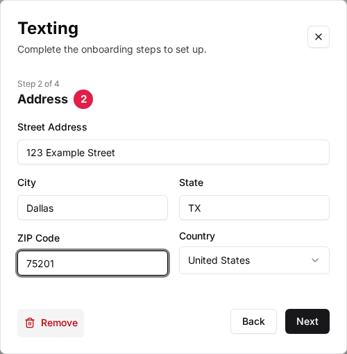 The Texting setup wizard on Step 2 of 4, Address (2), with a placeholder street, city, state and ZIP