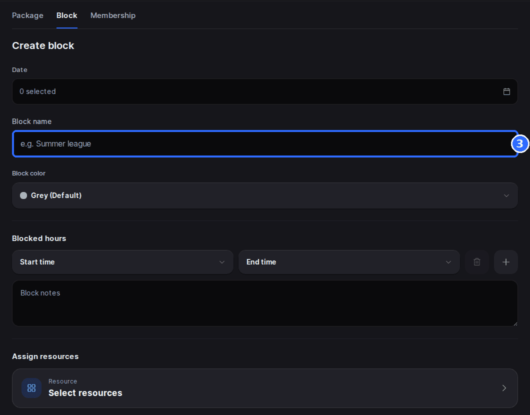 The Host App Create block form with Date, Block name, Block color, Blocked hours, Block notes and Assign resources.