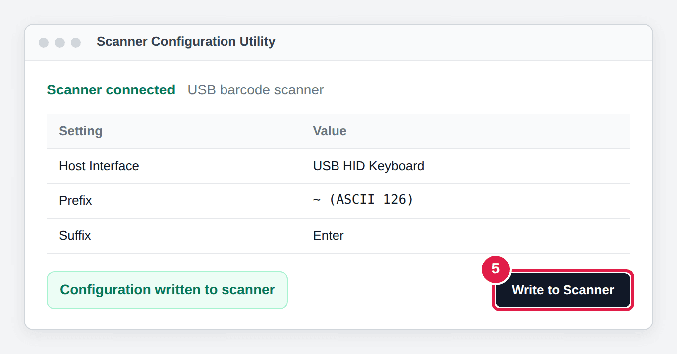 Illustration: the utility's Write to Scanner button highlighted with a Configuration written to scanner message