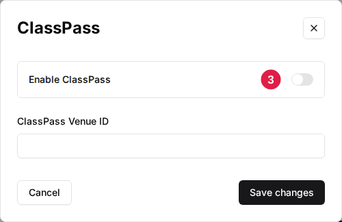 The venue's ClassPass window with the Enable ClassPass switch (3) and the ClassPass Venue ID field