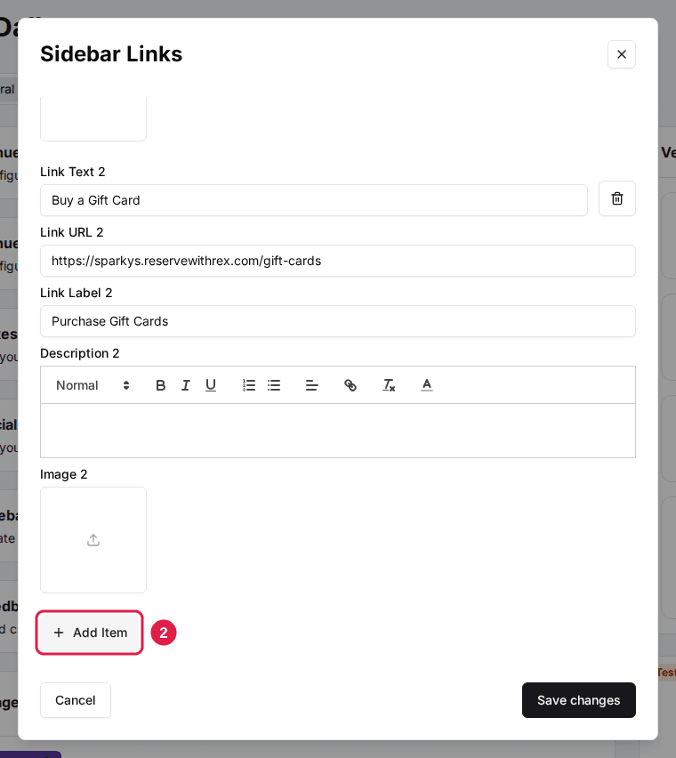 The Sidebar Links dialog scrolled to the bottom, below the existing gift card link, with the Add Item button highlighted