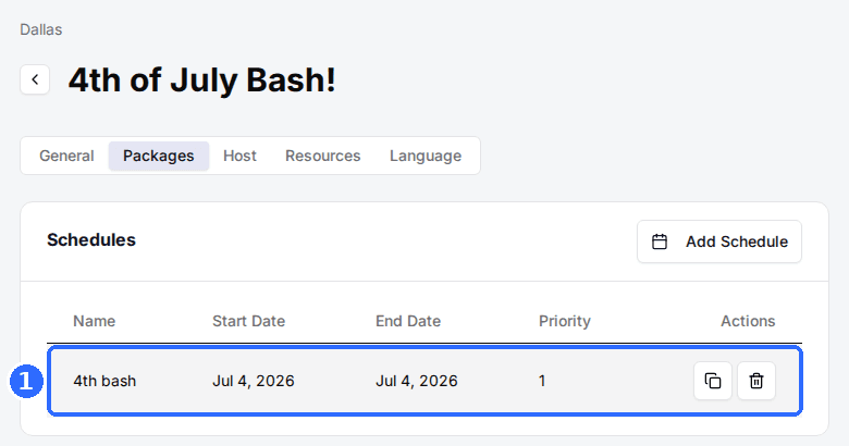 The 4th of July Bash! package page with the 4th bash schedule row highlighted in the Schedules card.