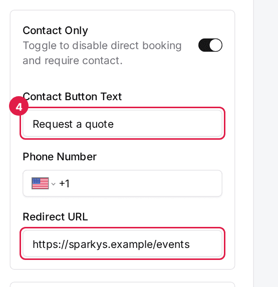 The Contact Only card in Package Controls with Contact Button Text set to Request a quote and a Redirect URL entered, the Phone Number field left empty