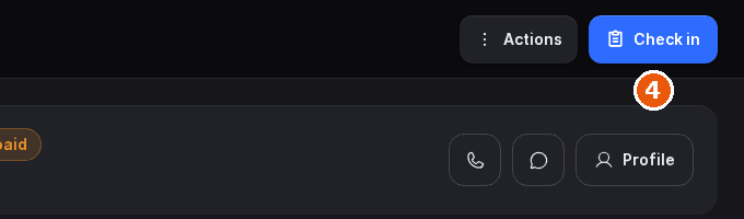 Actions and Check in buttons at the top right of a reservation