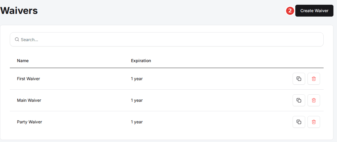 The Waivers page listing templates with their Name and Expiration, a copy icon and a trash icon on each row, and the Create Waiver button
