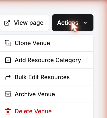 The Actions menu open on a venue detail page, with Clone Venue at the top of the list.