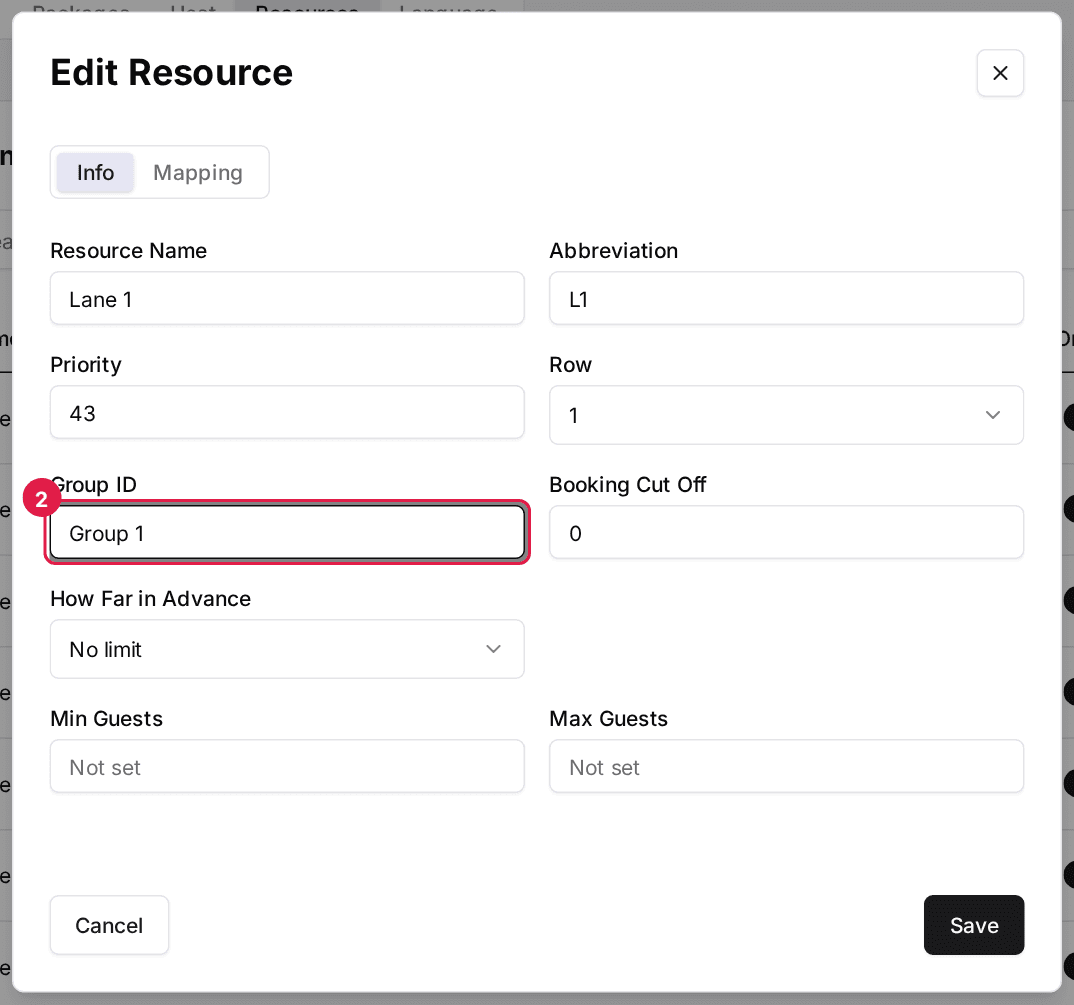 The Edit Resource dialog for Lane 1 at Sparky's Dallas, Info tab, with Group ID set to Group 1 and the field outlined