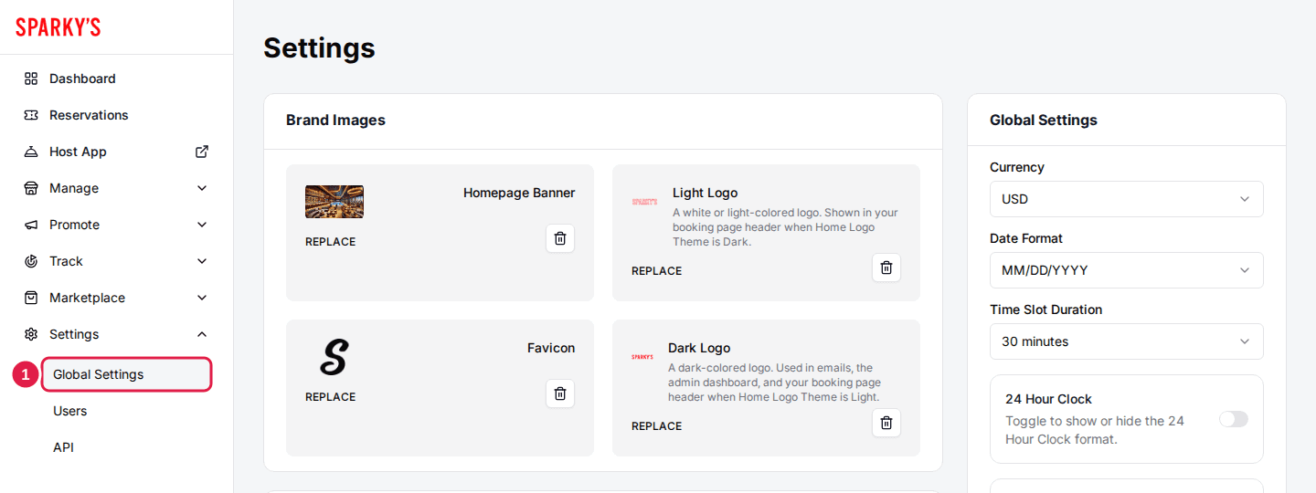 The Settings page with Global Settings outlined under Settings in the left menu and the Global Settings card on the right showing Currency, Date Format and Time Slot Duration.