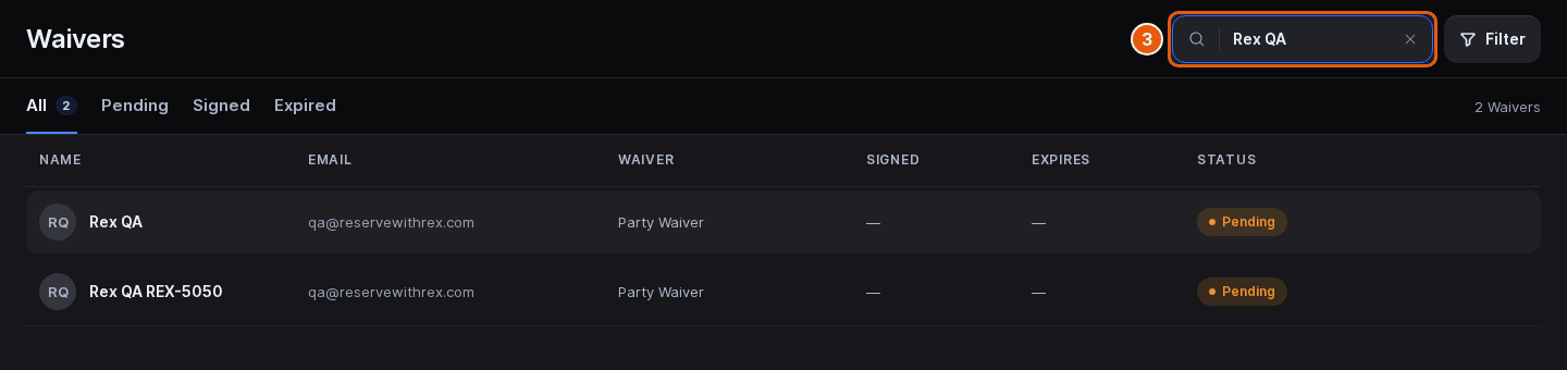 Waivers page with Rex QA typed in the Search by name or email box marked and the matching waivers listed