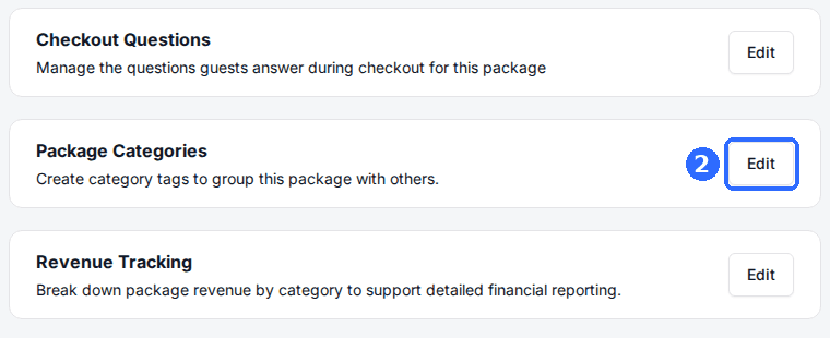 The Checkout Questions, Package Categories and Revenue Tracking cards on a package page, each with an Edit button