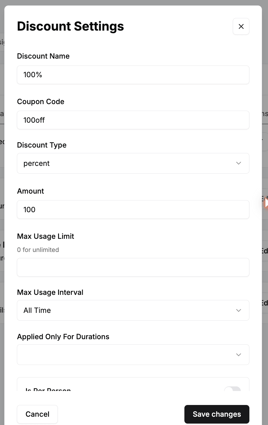The Discount Settings dialog showing Discount Name, Coupon Code, Discount Type, Amount, Max Usage Limit, Max Usage Interval, Applied Only For Durations, and Is Per Person fields.