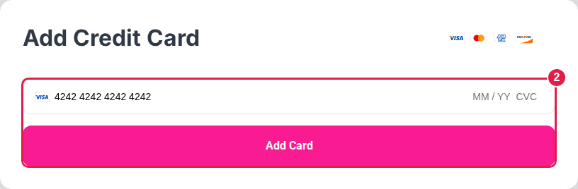 The Add Credit Card window with the card number, expiry date and CVC fields and the Add Card button outlined.
