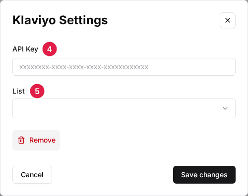 Klaviyo Settings window with the API Key field (4) and the List dropdown (5)