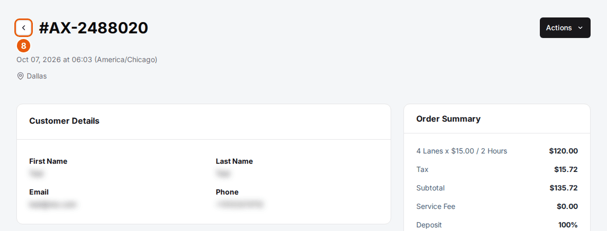 A reservation's page with the back arrow next to the reservation number highlighted, above the Customer Details and Order Summary cards (customer details blurred)