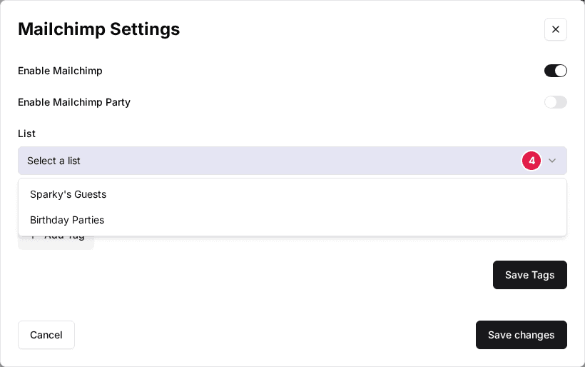 The List dropdown (4) open in the venue's Mailchimp Settings window, listing the Mailchimp audiences