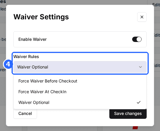 The Waiver Settings window with the Waiver Rules dropdown open showing Force Waiver Before Checkout, Force Waiver At CheckIn and Waiver Optional