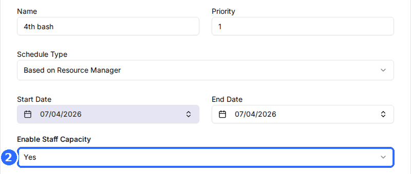 The top of the Schedule window with Enable Staff Capacity set to Yes.