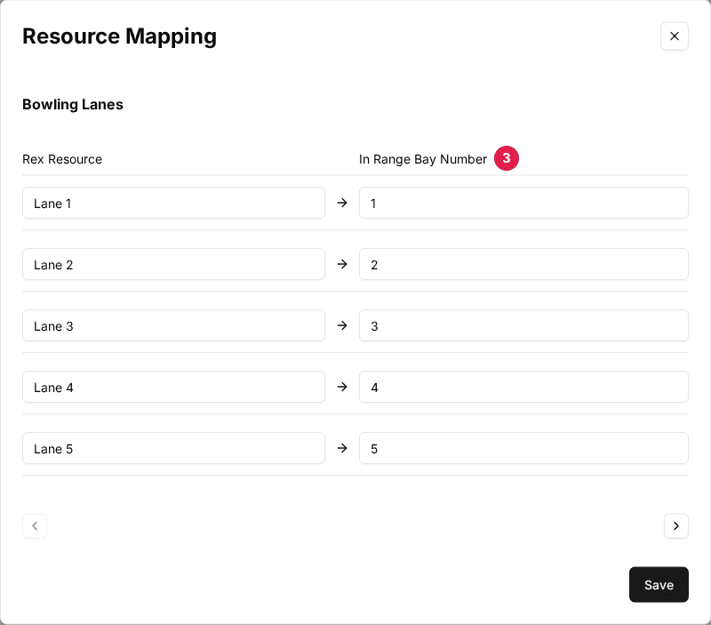 The Resource Mapping window with Rex Resource and In Range Bay Number (3) columns, with placeholder bay numbers entered