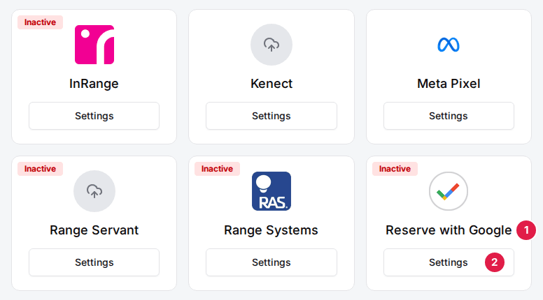 The venue's Integrations section with the Reserve with Google card (1), its Inactive badge and the Settings button (2)