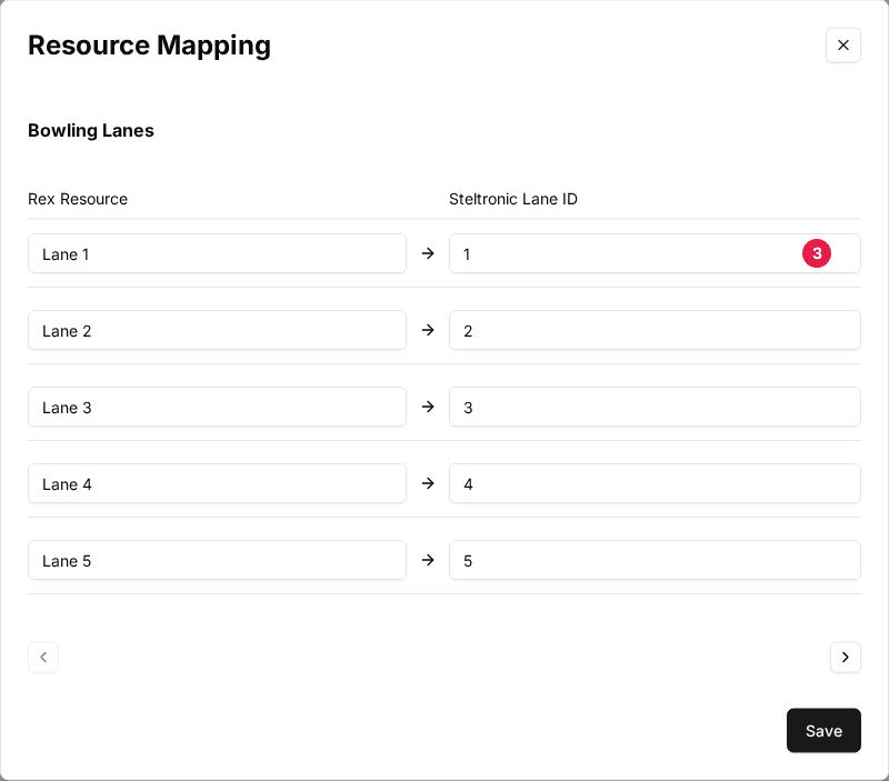 The Resource Mapping window for the Bowling Lanes category with a Steltronic Lane ID entered for each lane (3)