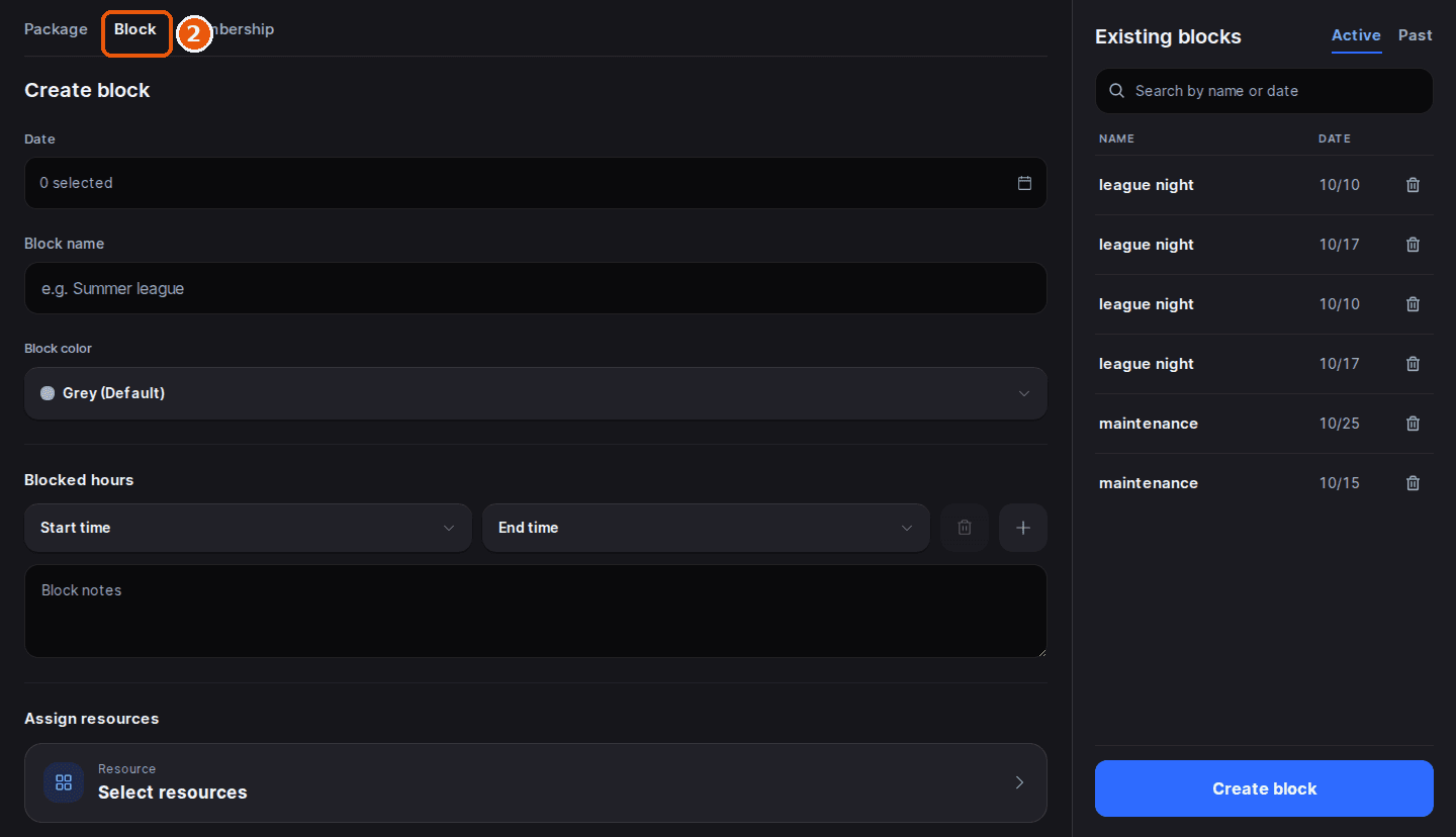 The Block tab of the create screen showing the Create block form: Date, Block name, Block color, Blocked hours, Block notes and Assign resources, with the Existing blocks list and the Create block button on the right