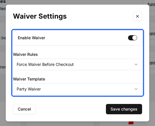 The package's Waiver Settings window with Enable Waiver on, Waiver Rules set to Force Waiver Before Checkout and Party Waiver picked as the Waiver Template