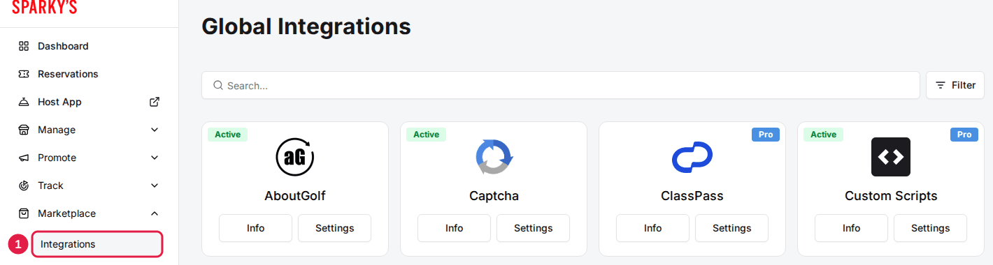 Global Integrations page opened from Marketplace > Integrations, showing integration cards with Info and Settings buttons and Active and Pro badges