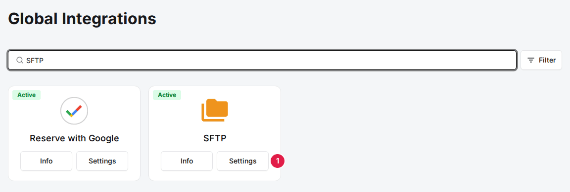 Global Integrations page filtered to SFTP, with the SFTP card's Settings button marked (1)