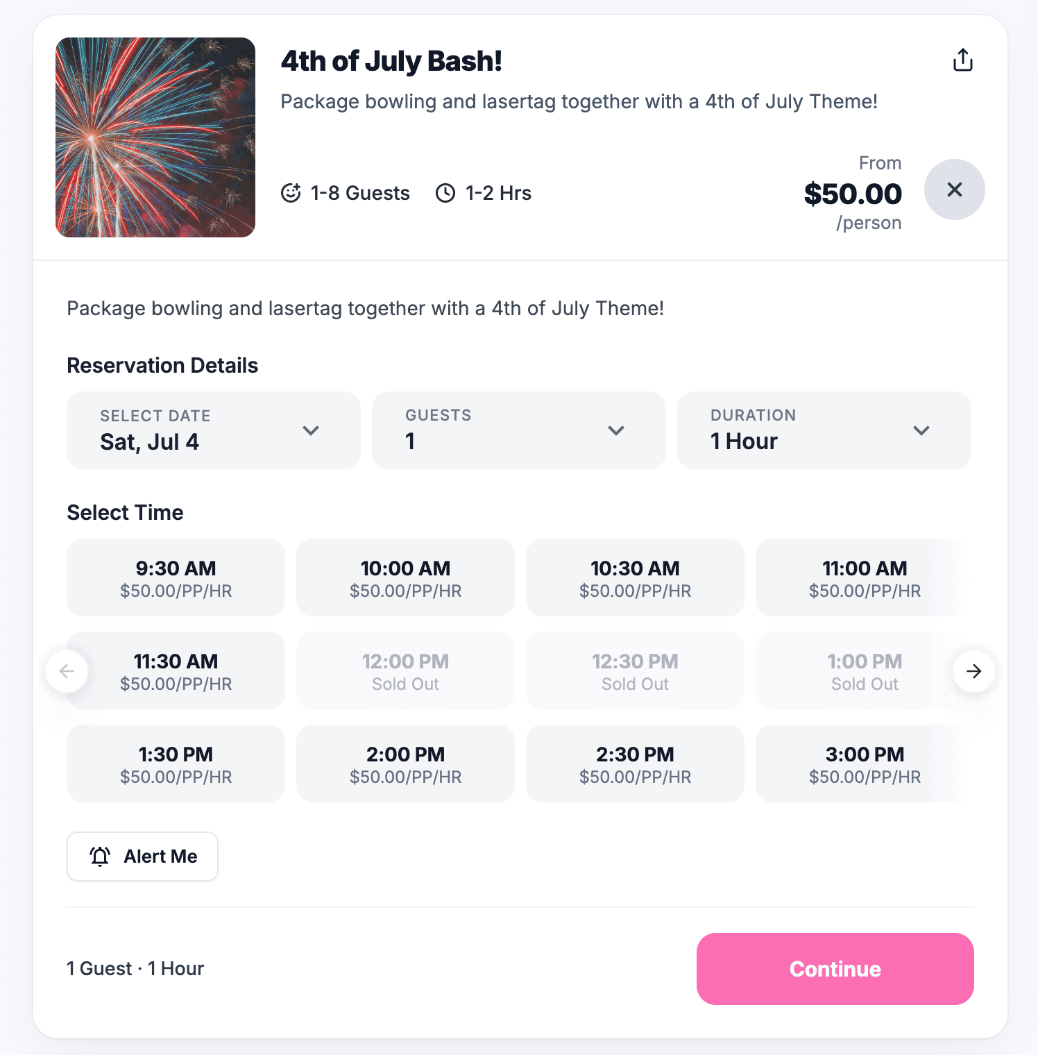 A guest booking modal with the time-slot grid: bookable slots show the price, three midday slots are greyed out and labelled "Sold Out", and an Alert Me button sits below the grid.