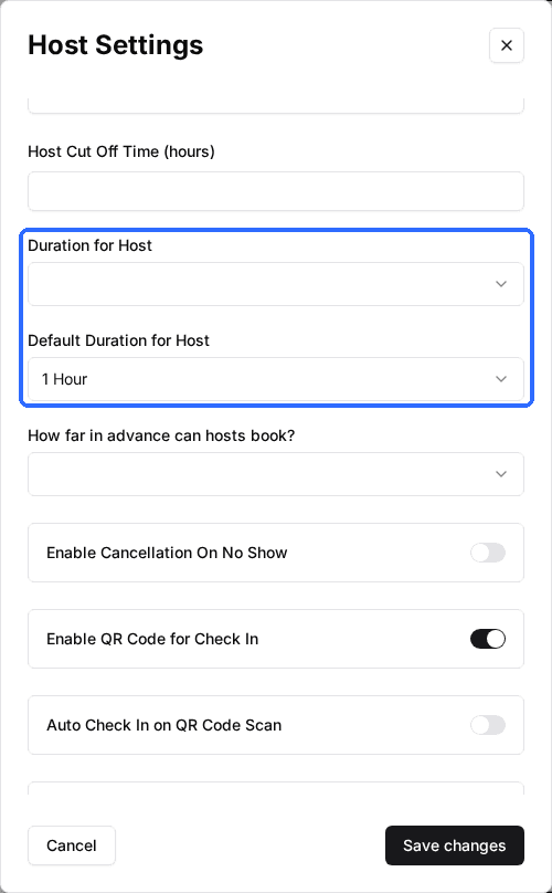 The Host Settings window with the Duration for Host and Default Duration for Host fields highlighted.