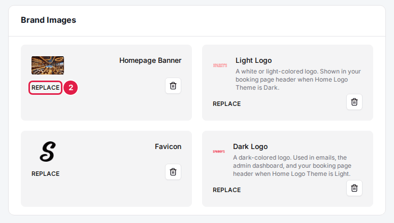 The Brand Images card with the REPLACE link (2) on the Homepage Banner tile