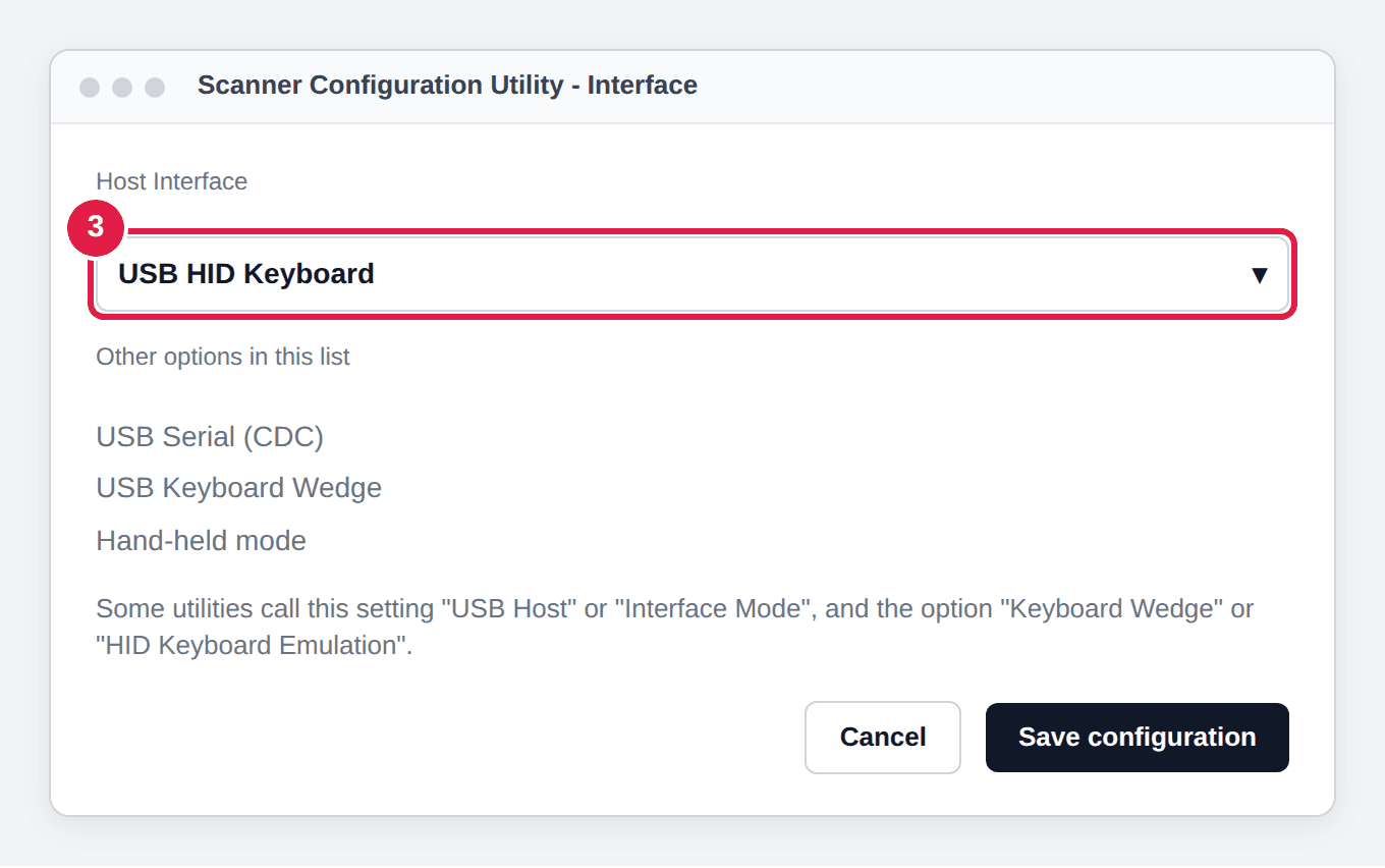 Illustration: the utility's Host Interface setting set to USB HID Keyboard