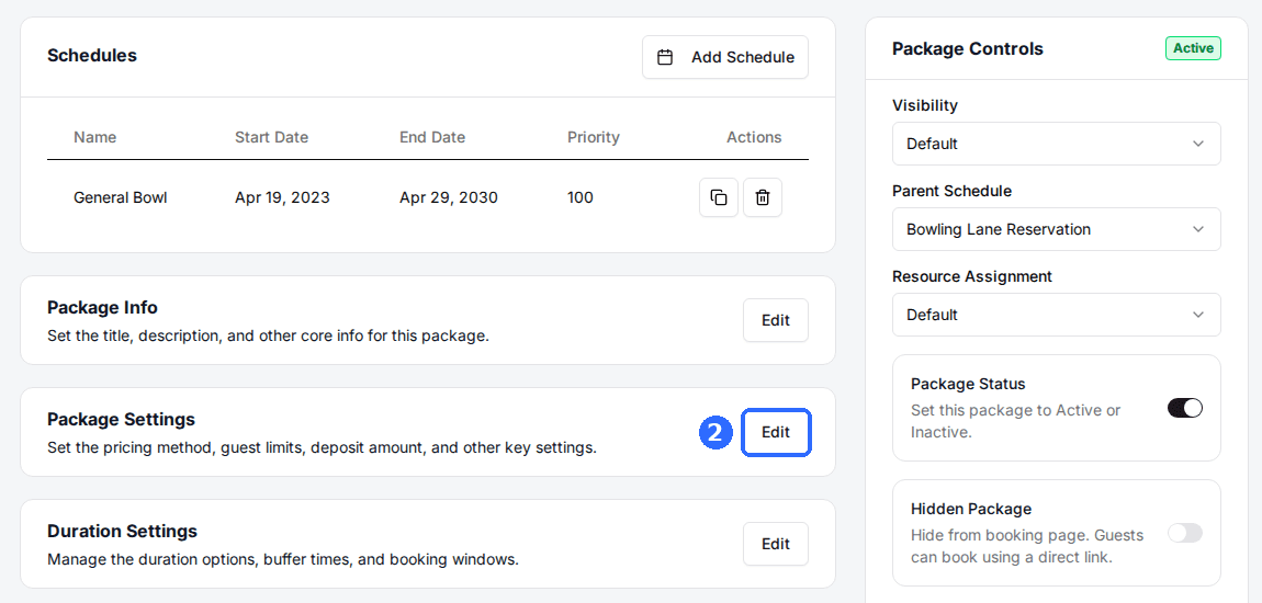 A package page with the Edit button highlighted on the Package Settings card.