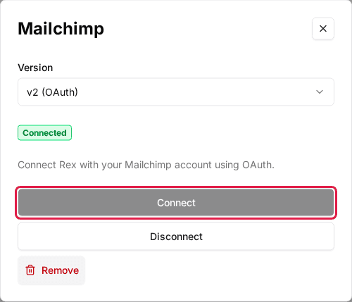 The account Mailchimp window on v2 (OAuth) with the Connect button highlighted