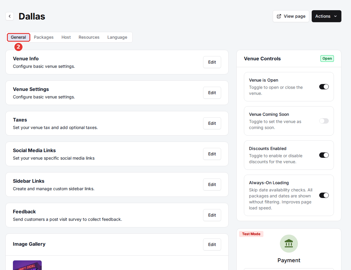 The Dallas venue's General tab: settings cards on the left (Venue Info, Venue Settings, Taxes, Social Media Links, Sidebar Links, Feedback, Image Gallery) and Venue Controls and Payment on the right